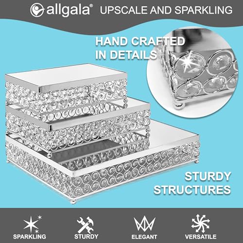 allgala Wedding Cake Stands 3-Piece Set Crystal Silver Cheese Dessert Cupcake Cake Stand with Mirror Plate-Silver Rectangle-HD89205