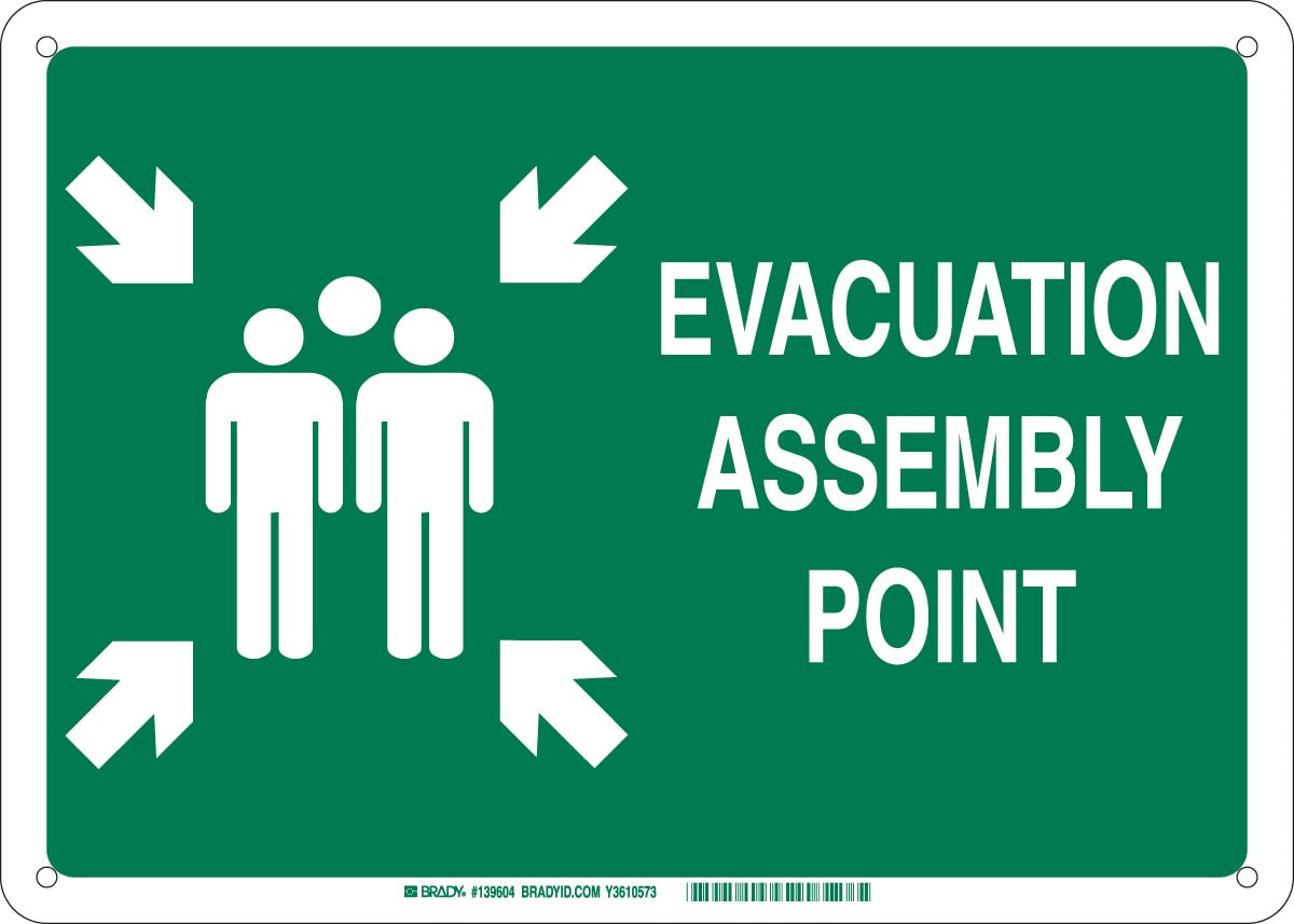 Brady 139605 Señal de evacuación punto de montaje, fibra de vidrio, 14 x 20 x 0.1", verde sobre blanco