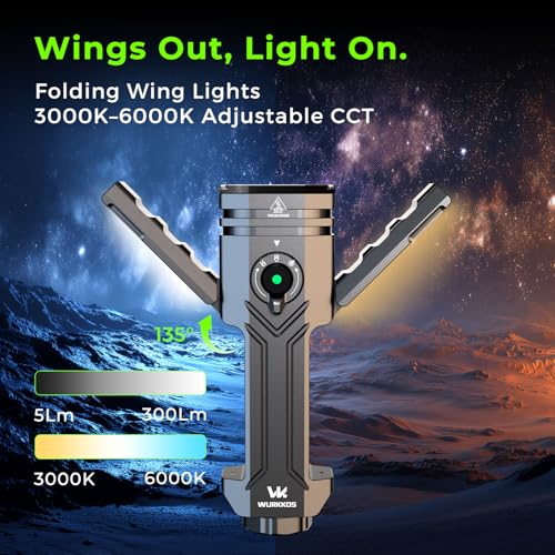 Image of Wurkkos HD02 Flat LED Flashlight, Magnetic Deformation, 3200 Lumens, 5000 mAh Rechargeable, 3000K-6500K, Four-Light Sources, Folding Wing Lighting /Spotlight /UV Light /Green Light /MagneticTail,IPX6