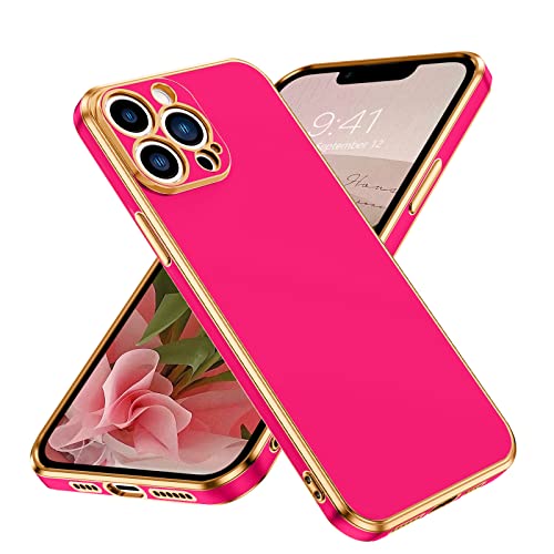 Bentoben Compatible With Iphone 13 Pro Max Case, Slim Luxury Electroplated Bumper Women Men Girl Protective Soft Case Cover For Iphone 13 Pro Max 6.7 Inch,Hot Pink/Gold #TOP21