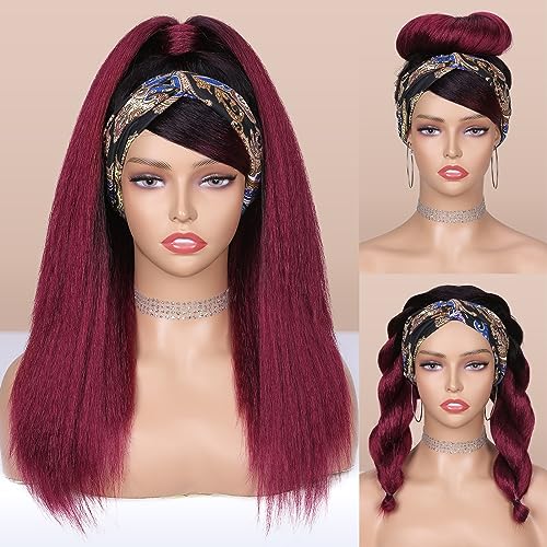 WIGNEE Red Kinky Straight Headband Wig for Women 18 Inches Burgundy Kinky Wig Yaki Straight Wigs with Black Headband Kinky Straight Wigs for Black Women (1-1B/BUG, 18 Inch) 18 Inch #1B/BUG