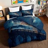Bettdecke 135x200 cm Blau 4 Jahreszeiten Bettdecken Cartoon Landschaft Zug Brücke Kinder Schlafdecke Bettdecke ohne Bezug Warme & Weiche Waschbar Ganzjahresdecke mit 2 Kissenbezug