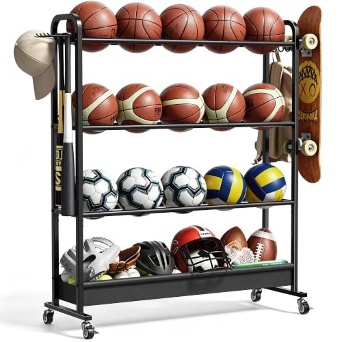 Josmimic Adjustable Basketball Rack with Wheels 4-Tier Sports Ball Storage Cart for Basketball Football Volleyball Soccer & More Holds up to 20 Balls