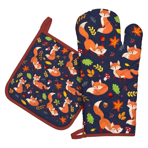 Arquiel Autumn Fox Oven Mitts and Pot Holders -100% Cotton, Heat Resistant Extra Long Oven Gloves & Hot Pads for Cooking BBQ Grilling Baking Gift, Set of 2