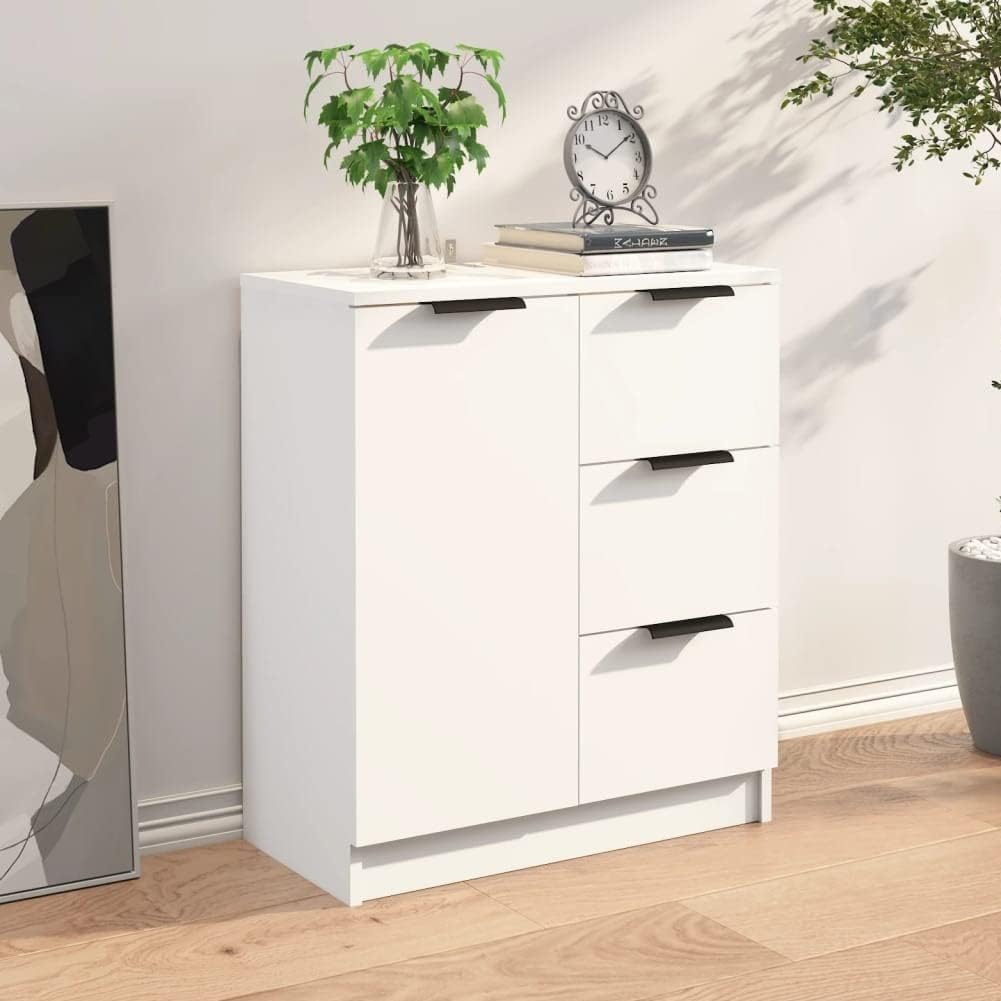 Shally Dogan Credenza in Legno Bianco con 1 Anta 3 Cassetti, Cassettiera Console Salvaspazio, Madia Multiuso Ideale per Ingresso, Soggiorno, Bagno, Ufficio, Maniglie Metallo, 60 x 30 x 70 cm (Bianco)