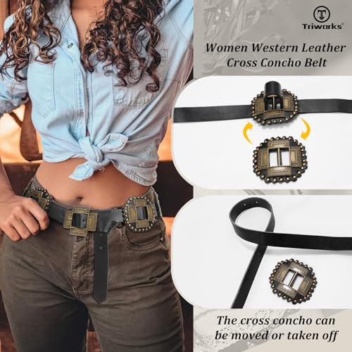 Women Western Concho Leather Belt Cowgirl Boho Belt Chunky for Dresses Concert Festival3