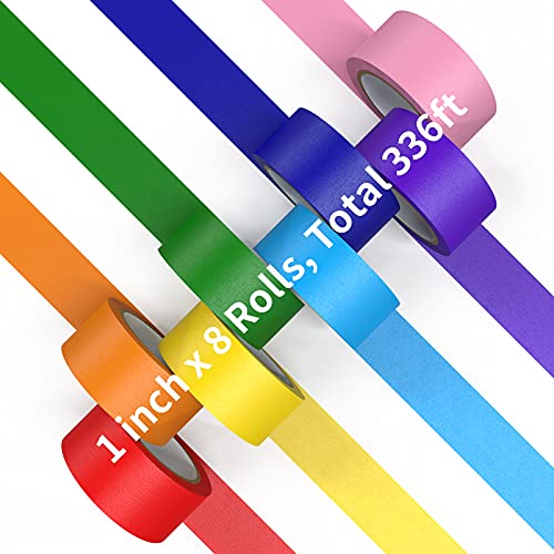 Colored Masking Tape Rolls, 1 inch Wide Total 336 ft Long, Craft Tape Color Painters Tape Colorful Art Tape Rainbow Labeling Tapes Marking Tape for Kids Crafts Moving Classroom, 8 Colors