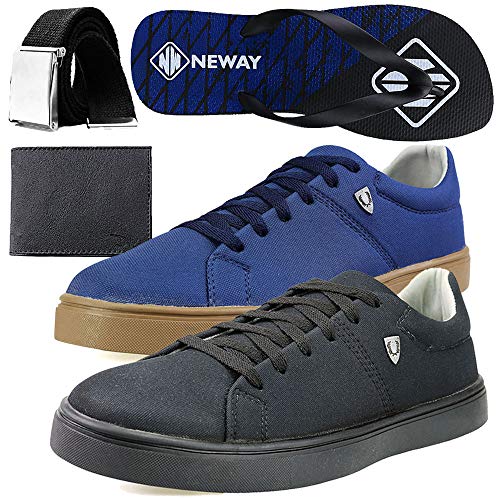 Kit Sapatenis Casual Neway SW Masculino Preto + Azul + 1 Cinto + 1 Chinelo Neway + 1 Carteira Tamanh