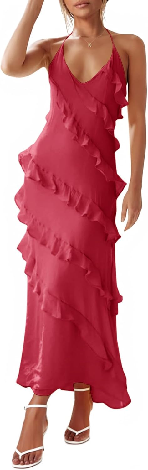 Wenrine Womens Sexy Chiffon Halter Maxi Dress Sleeveless Backless Ruffle Tassel Party Club Dresses