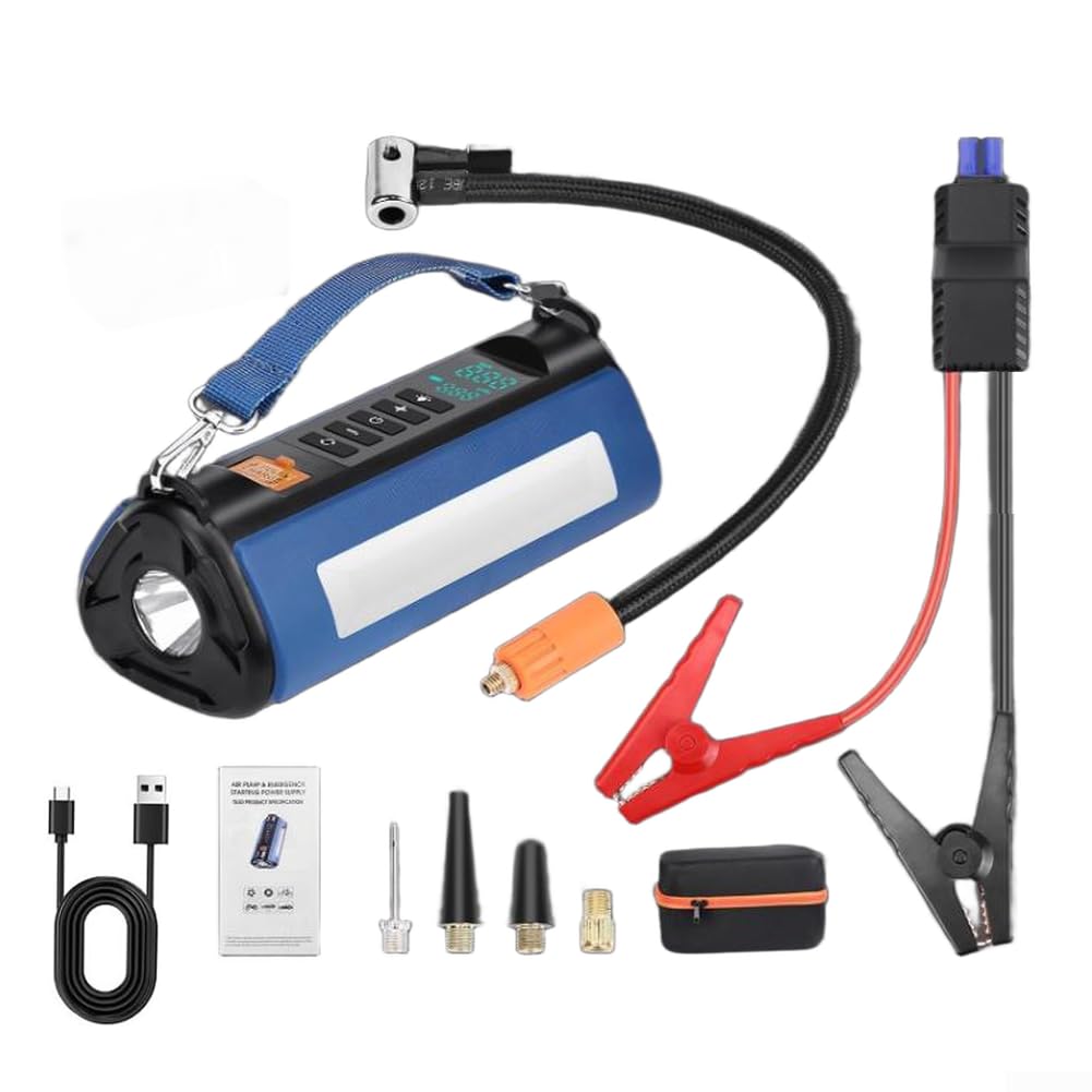 per 6000mAh, avviatore di emergenza per auto con portatile, compressore d'aria, pompa di gonfiaggio pneumatici 30L/Min, manometro digitale, power bank USB per veicoli da 12 V (10000 mah)