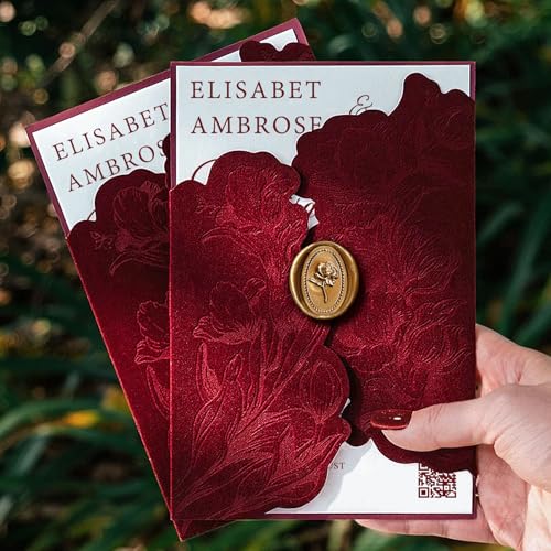 Burgundy Velvet Wedding Invitations, Elegant Flower Laser Cut Invitation with