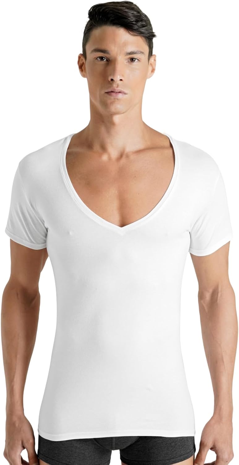 Rounderbum Men’s Deep V-Neck T-Shirt 2-Pack – No-Show Undershirts, Cotton-Stretch, Modern Slim Fit