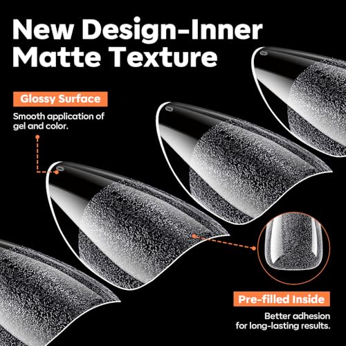 Image of Modelones Almond Nail Tips, 15 Sizes 40 Grit Pre-Etched Half Matte Clear Short Almond Fake Soft Ge Nails Tips Full Cover Acrylic Gel Kit Press On Nails for Extension Manicure DIY Salon 240Pcs