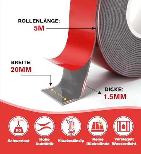 Doppelseitiges Klebeband Extra Stark 5m x 2cm x 1.5mm Wasserdichtes Universelles Montageband Doppelklebeband mit Haftkraft für Auto Wände Böden Heim Bürodekoration