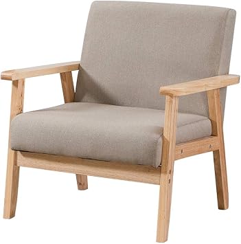 Rainbow Tree Retro Wooden Accent Lounge Chair, Linen Fabric Armchair Tub Occasional Chair for Living Room Reception Bedroom Balcony Comfortable Padded Seat Dark Beige, Single Sofa Chair