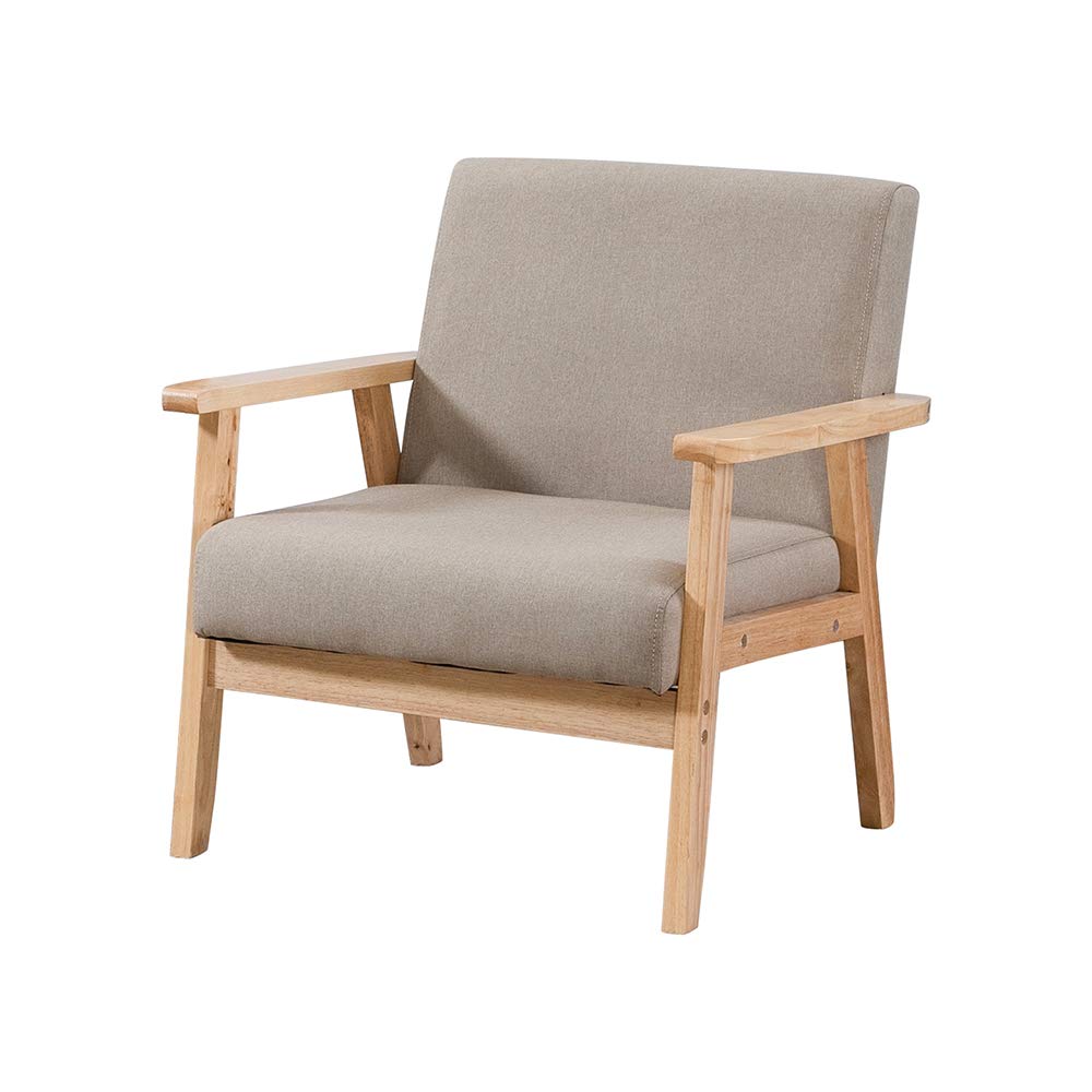 Rainbow Tree Retro Wooden Accent Lounge Chair, Linen Fabric Armchair Tub Occasional Chair for Living Room Reception Bedroom Balcony Comfortable Padded Seat (Dark Beige, Single Sofa Chair)