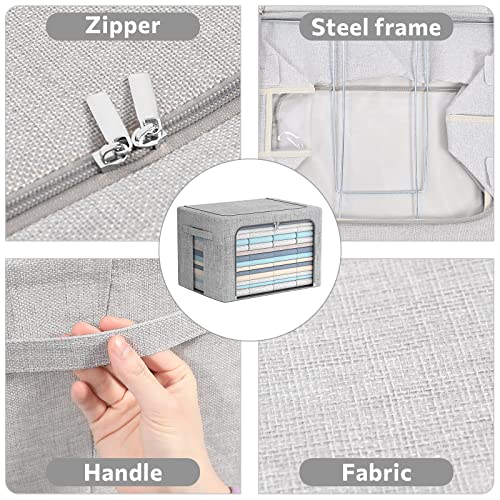2 Pack Clear Window Storage Bins - Stackable Linen Fabric Storage for Clothes - Foldable Box Organizer Set with Carrying Handles-36L(Light Gray, 15.7X 11.8X 11.7 Inch)