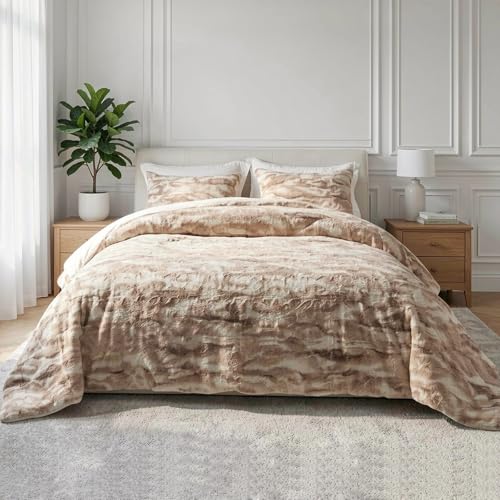 Jameswish Faux Fur Duvet Cover Set Ultra Soft Marbled Beige Comforter Cover Set King Size Luxury Fluffy Plush Fuzzy 3 Pieces Bedding Set(1Comforter+2 Pillowcases)