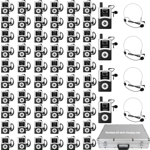 Retekess T130U (T130 4rd) Whisper Tour Guide System, Reiseleiter-Set mit Mikrofon, 4 Sender und 60 Empfänger, Ein-Tasten-Bedienung, 200m, U-Band-Digitalmodus, 60-Slot-Ladekoffer, Gilt für Reisegruppen