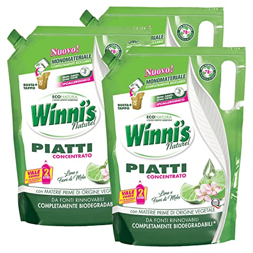 Winni's Naturel Detersivo Concentrato Lavaggio a Mano Piatti e Stoviglie Fragranza Lime Fiori di Mela Ipoallergenico Materie Prime Origine Vegetale Completamente Biodegradabili - 3 Buste da 1L