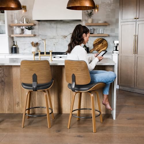 Butacos Giratorios para Isla de Cocina de 26 Pulgadas, Set de 2, Tapizados en Cuero Sintético Negro con Acabado Botón Tufted y Espaldar de Madera Curvada, Patas de Metal, Estilo Mid-Century Moderno miniatura 4