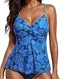 Aqua Eve Women Underwire Tankini Top Only Twist V Neck Swimsuit Top Flowy Bathing Suit Top No Bottom Blue Paisley L
