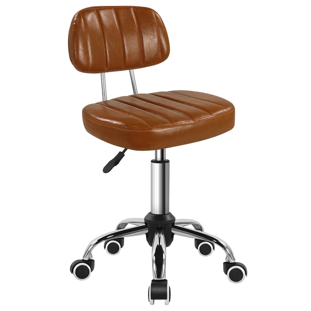 BFTOU Square Swivel Stool with Wheel for Work SPA Shop Massage Height-Adjustable and Cost-Effective Rolling Stool Chair with Back (Brown)