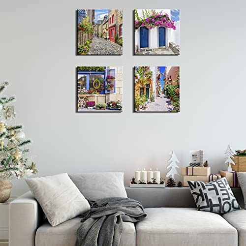 Image of Italy Tuscan Wall Art, Colorful Nature Scenic Framed Pictures Canvas Prints, Modern Town Street Artwork Paintings for Living Room, Bedroom, Office Wall Decor 12 inchx12 inchx4pcs
