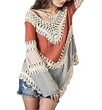 POSESHE Women's Crochet Lace Fringe Boho Bohemian Blouse Top Frayed Blouse Red One Size