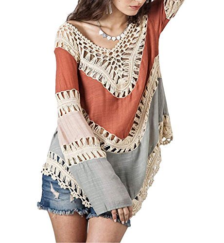 POSESHE Women's Crochet Lace Fringe Boho Bohemian Blouse Top Frayed Blouse Red One Size