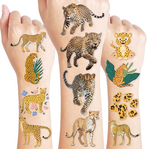 8 Sheets (96PCS) Cheetah Tattoos Temporary Jungle Theme Birthday Party Supplies Favors Decorations Tattoo Stickers for Boys Girls Gifts Classroom School Prizes Rewards