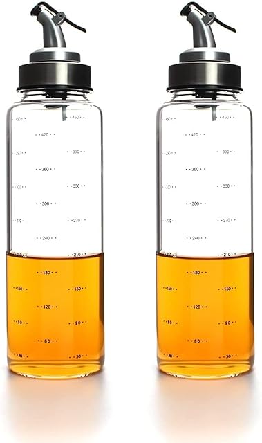 Set of 2 Olive Oil and Vinegar Clear Glass Bottle Dispenser Container with Scale, Wide Opening for Easy Refill and Cleaning, Dripless Capped Pouring Spouts, 15 Oz. Cruet Set (Silver 15oz x 2)