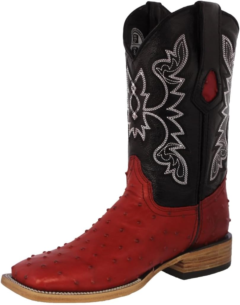 Texas Legacy Mens Red Cowboy Boots Ostrich Quill Print Leather Square Toe Botas