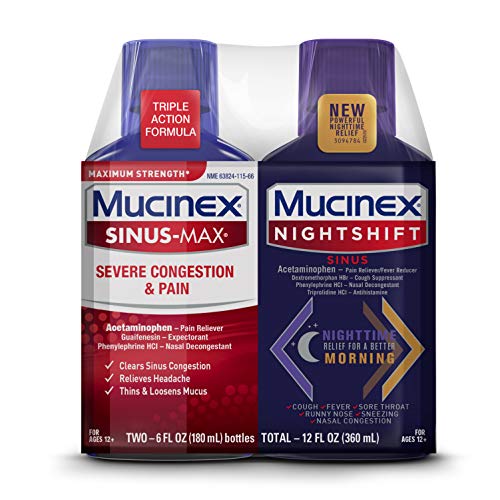 Mucinex Maximum Strength Sinus-Max Severe Congestion & Pain & Nightshift Sinus Liquid, 6 Fl Oz (Pack of 2) Mucinex Maximum Strength Sinus-Max Severe Congestion & Pain & Nightshift Sinus Liquid, 6 Fl Oz (Pack of 2)