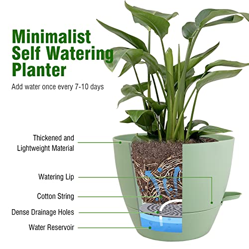 Wousiwer 10 Inch Self Watering Planters, 2 Pack Large Plastic Plant Pots With Deep Reservior And High Drainage Holes For Indoor Outdoor Plants And Flowers, Green #TOP3