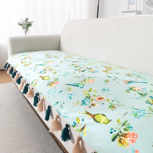 Image of HOKIPO Sofa Cover Mat with Tassel for 1 /2 /3 Seater & L Shape Sofa | DIY Sofa Cover Set | Printed Holland Velvet | 'Whispers of Nature' | 70(W) x 180(L) cm | Mint Birdsong Blossom (IN-1122-D3)
