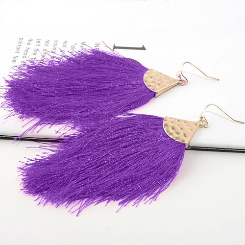 Fringe Feather Earrings for Women - Boho Tassel Jewellery (Purple)4