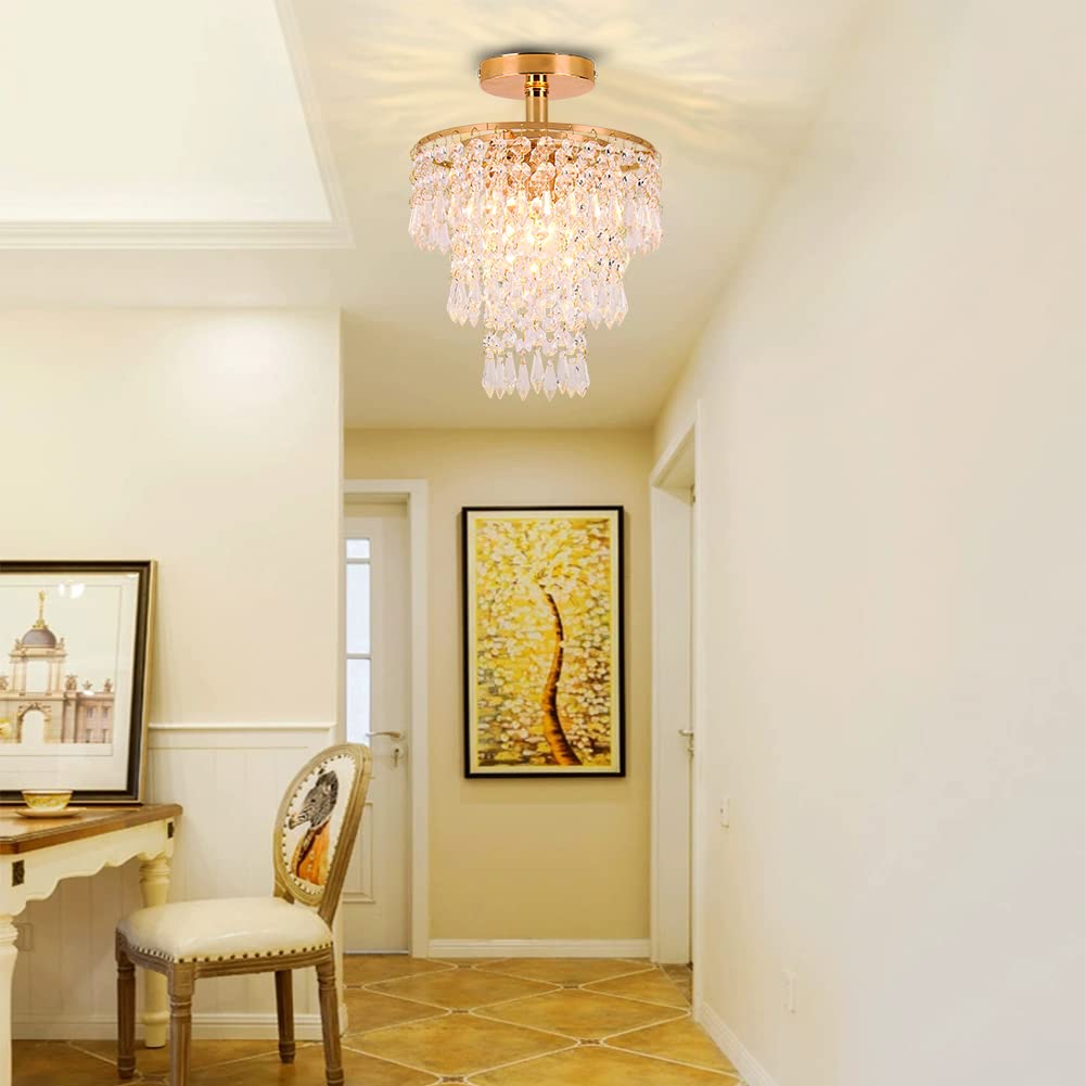 FRIXCHUR Mini Dimensioni Lampadario Di Cristallo Moderno Incasso Lampada Da Soffitto A 3 Livelli Gocce Di Pioggia Pendente Di Cristallo Decorazione Per Camera Da Letto Corridoio Soggiorno…