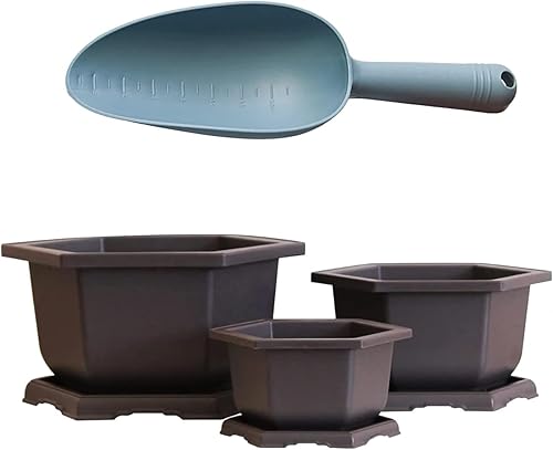 Miniatura 4 de Tres ollas y bandejas hexagonales de plástico para bonsái + pala de plástico y 6 marcadores en forma de T