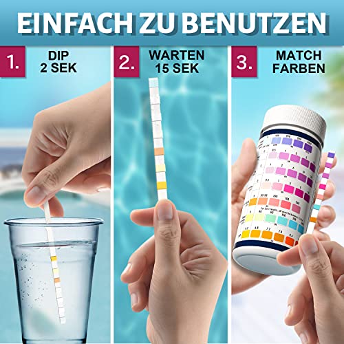 Miniatura 5 de Runbo 150 Tiras Reactivas De Prueba Piscina Y Spa 7 En 1, Tiras Para Bañera De Hidromasaje Ph Prueba, Alcalinidad, Dureza Total, Medidor Cloro Libre, Acido Cianurico,Cloro Y Bromo