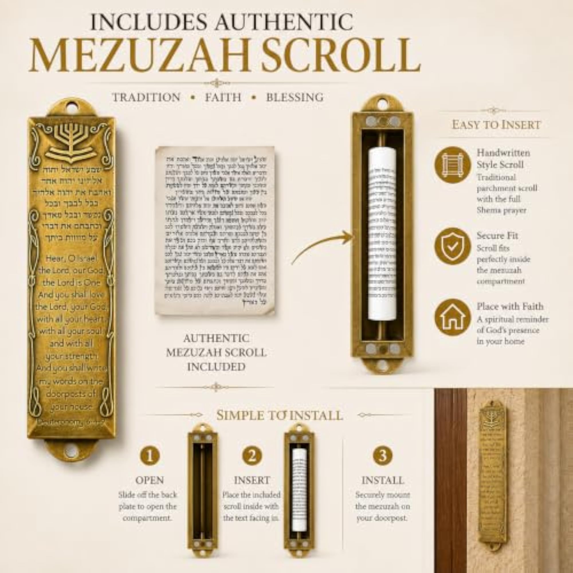 Brass Shema Blessing Mezuzah with Scroll, 5.5 Inches