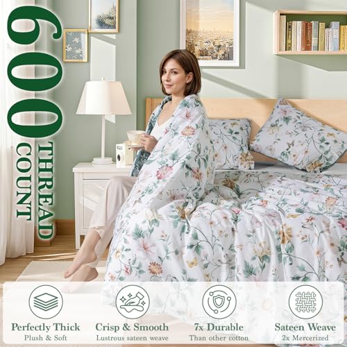 Shilucheng 100% Cotton Floral Duvet Cover King Size - 600 Thread Count, Breathable & Cooling Comforter Cover with Zipper Closure,Hotel Bedding Duvet Covers 3 Piece (White & Green)