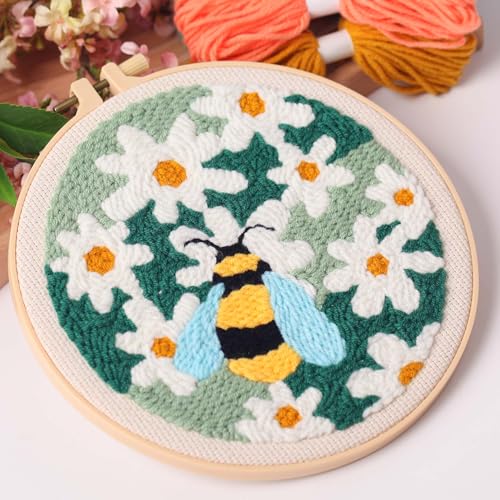Image of 3Sets Punch Needle Kit for Adults Beginners,Bee & Butterfly Flowers Embroidery Kit,Includes Punch Needle Tool, Embroidery Hoop, Yarn,Fabric,Supplies, DIY Art & Crafts for Women & Girls