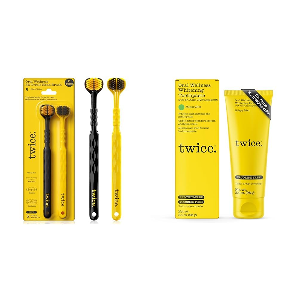 TWICE 3D Triple-Head Toothbrush Soft Bristles Sensitive Gums Braces Aligners Dentures 2Ct & Nano Hydroxyapatite Whitening Toothpaste Fluoride Peroxide Free Vegan Happy Mint 3.4oz
