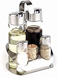 im Farbkarton APS 40480 5-tlg. Menage -Pro-, 13 x 11cm, H: 19cm Edelstahl mattiert, Glas, PP Pfeffer-Salz-Essig-Öl-Zahnsto. Pfeffer-/Salz-Glasstreuer mit Edelstahldeckel, Essig-/Öl-, Glasbehälter mit Edelstahl-