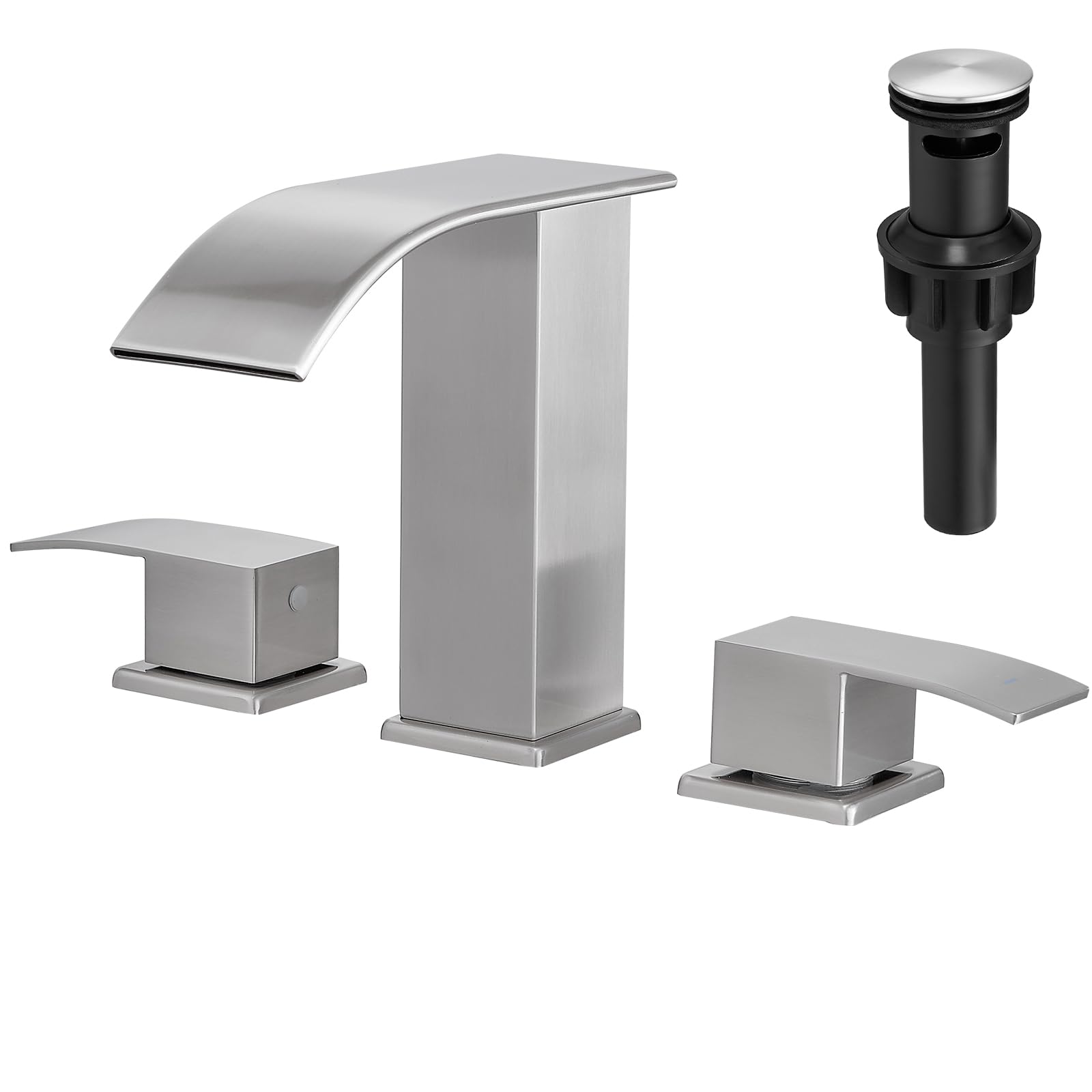 Photo 1 of VOTON Waterfall Bathroom Faucets Black, Widespread Bathroom Sink Faucet 3 Hole with Pop Up Drain, 8 Inch Modern Vanity 2-Handles Faucet
