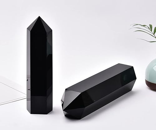 Miniatura 4 de Torre de cristal de obsidiana negra grande natural curativa, varita de punta de cristal obelisco de 6 facetas Reiki chakras terapia de meditación