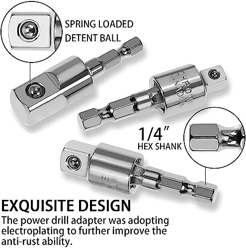 3Pcs 1/4" 3/8" 1/2" Bits 360°Rotatable,Impact Grade Socket Adapter/Extension Set Turns Power Drill Into High Speed Nut Driver,For Cordless Drills Ratchet Extension,Universal Socket Wrench Adapter Set #TOP4