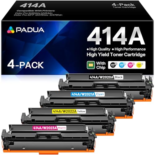 Image of Padua 414A Toner Cartridge 4 Pack (with Chip) Compatible W2020A W2021A W2022A W2023A Toner Replacment for HP 414A Color Pro M454dn M454dw MFP M479fdn M479fdw Toner Printer