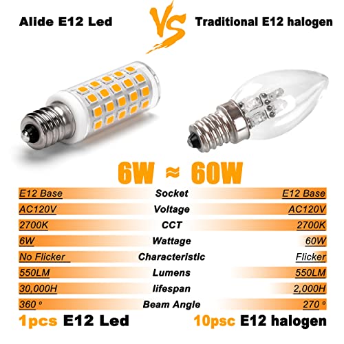 Alide E12 Led Candelabra Light Bulbs 5-6W C7,Replace E12 60 Watt Halogen Equivalent,Warm White 2700K T6 110V 120V Small Base E12 Led Bulbs For Ceiling Fan Chandelier Lighting,550Lm(10Pack) #TOP2